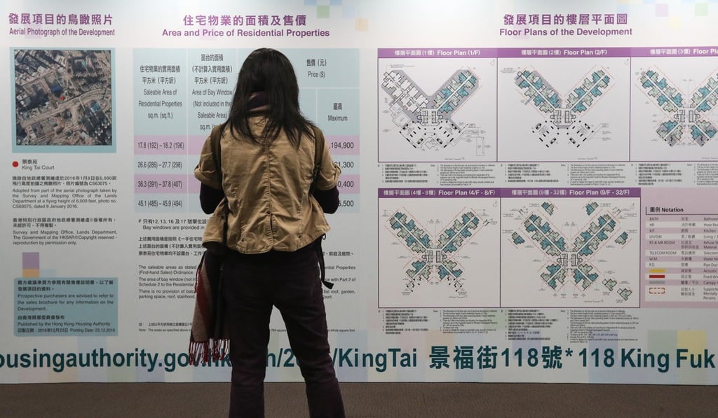 A prospective buyer looks at flat plans of a subsidised Home Ownership Scheme project in Lok Fu in this photo taken on January 12, 2017. Photo: Edward Wong/SCMP