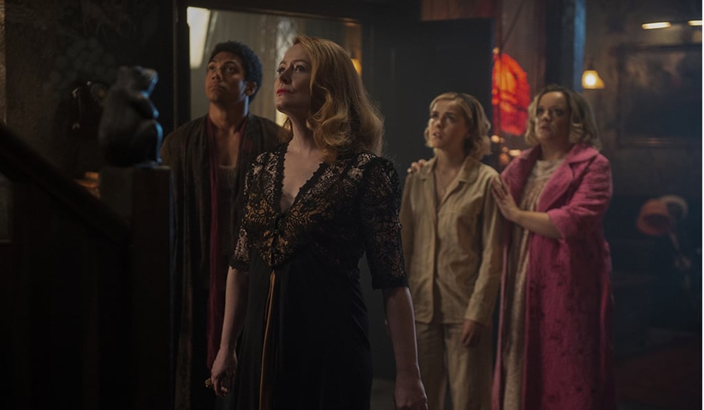 The Spellman family from left: Cousin Ambrose (Chance Perdomo), Aunt Zelda (Miranda Otto), Sabrina (Kiernan Shipka) and Aunt Hilda (Lucy Davis). Photo: Netflix
