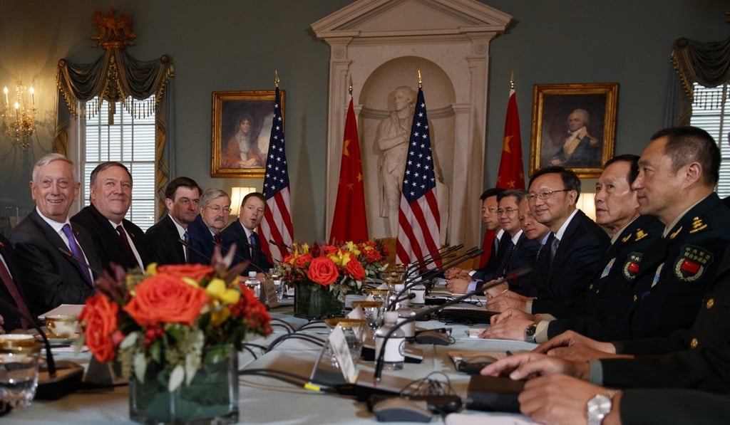 US Defence Secretary James Mattis (left), Secretary of State Mike Pompeo (second from left), Chinese Politburo Member Yang Jiechi (third from right) and Defence Minister General Wei Fenghe (second from right) at the State Department in Washington on Friday. Photo: AP US Defence Secretary James Mattis (left), Secretary of State Mike Pompeo (second from left), Chinese Politburo Member Yang Jiechi (third from right) and Defence Minister General Wei Fenghe (second from right) at the State Department in Washington on Friday. Photo: AP