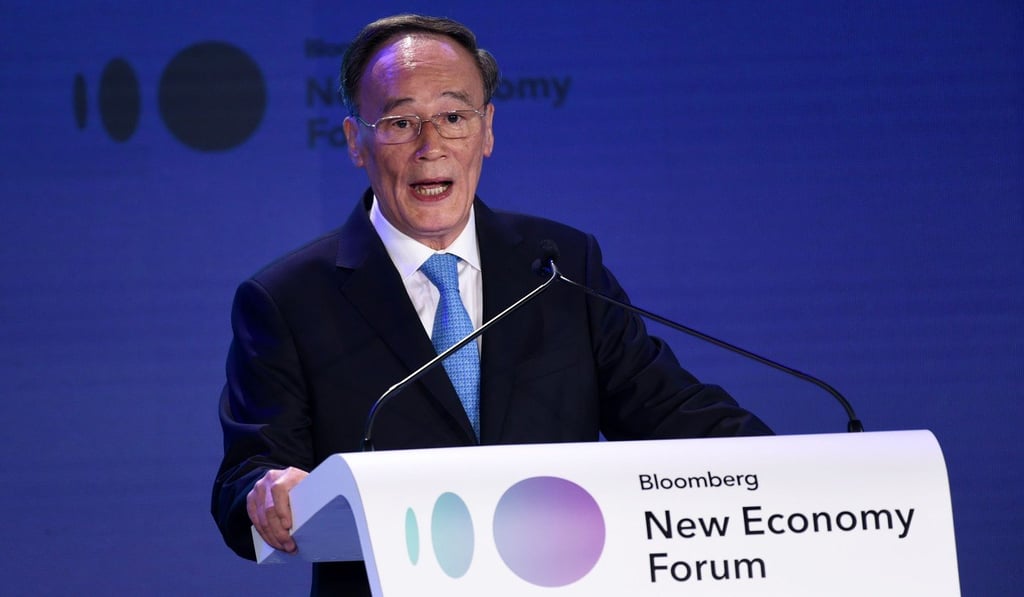 Chinese Vice-President Wang Qishan speaking at the Bloomberg New Economy Forum in Singapore on November 6. Photo: AFP