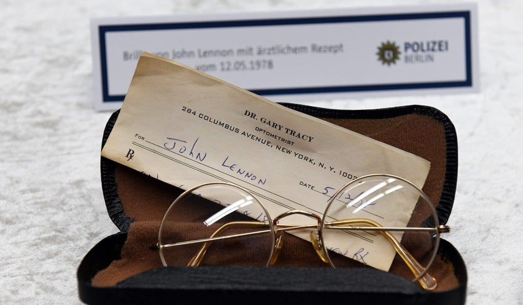 Glasses from the estate of John Lennon are pictured during a press conference in Berlin. The glasses were among items stolen from Lennon's widow Yoko Ono in New York in 2006. Photo: Agence France-Presse
