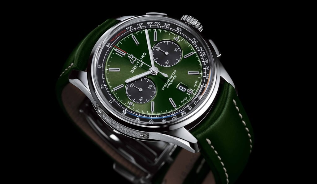 Premier B01 Chronograph 42 Bentley British Racing Green watch from Breitling. Premier B01 Chronograph 42 Bentley British Racing Green watch from Breitling.