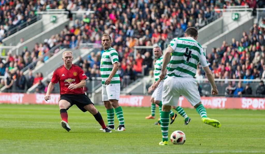 Paul Scholes (left), the retired Manchester United and England footballer – seen playing for a Manchester United XI against a Celtic XI in September – has joined the 433 Token team as a mentor to youth players. Photo: Shutterstock