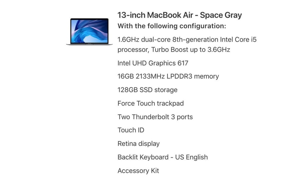 The specifications of the new Apple MacBook Air laptop, which writer Ben Gilbert bought for just less than US$1,500. Photo: Ben Gilbert/Business Insider
