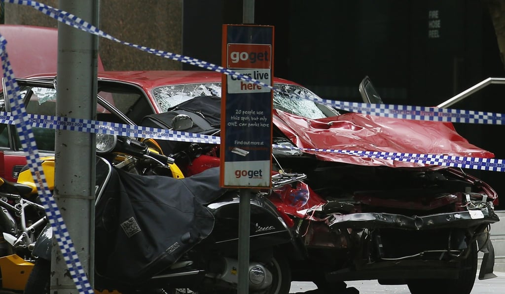 The wreckage of a car in Bourke Street mall. Photo: Reuters