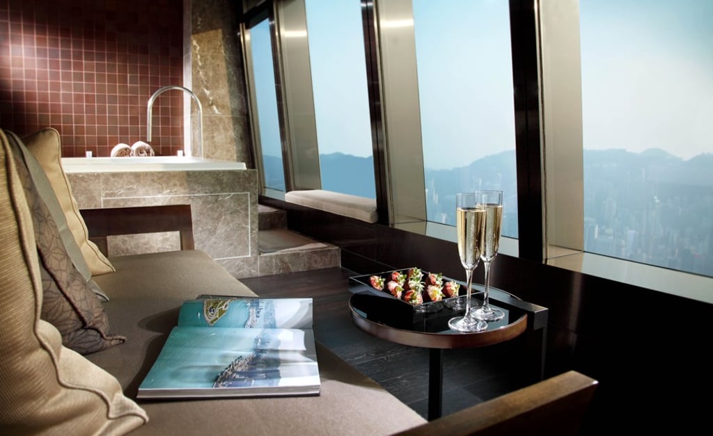 A view looking out across Hong Kong’s Victoria Harbour from the Ritz-Carlton Spa, on the 116th floor of the hotel, Ritz-Carlton, Hong Kong.