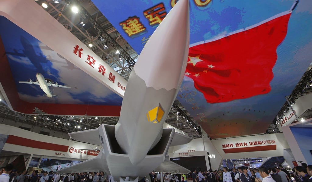A model of a J-20 stealth fighter jet on display during the air show. Photo: AP