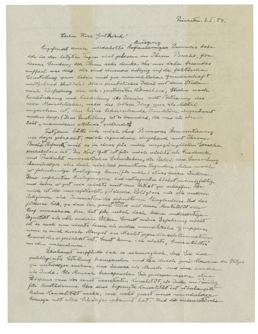 Albert Einstein’s handwritten ‘God letter’, which he sent to philosopher Eric Gutkind in 1954, is being auctioned at Christie’s in New York on December 4. Photo: Christie’s.