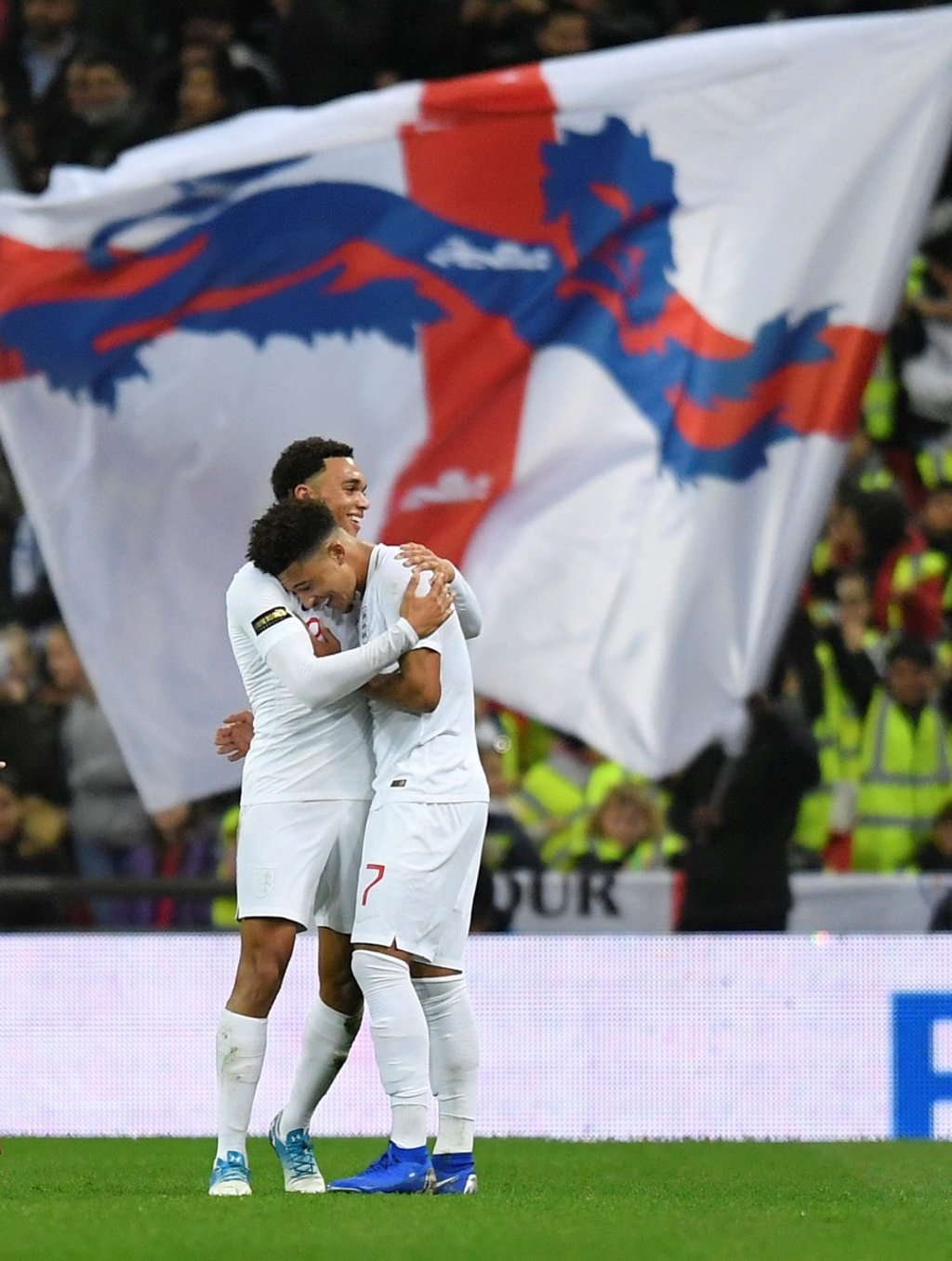 England’s Trent Alexander-Arnold celebrates scoring his first England goal with Jadon Sancho. Photo: Reuters