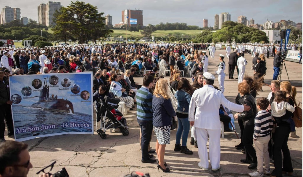A ceremony to honour the 44 crew members of the ARA San Juan submarine a year after it went missing, at Mar del Plata’s naval base in Buenos Aires province on November 15, 2018. Photo: AFP/Noticias Argentinas/Diego Izquierdo