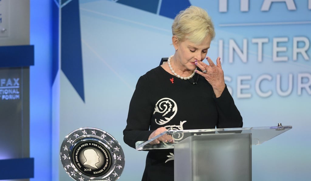 Cindy McCain, wife of the late US Sen. John McCain, pauses while presenting the inaugural John McCain Prize for Leadership in Public Service to the People of the island of Lesbos, Greece, at the Halifax International Security Forum in Halifax on Saturday. Photo: The Canadian Press via AP