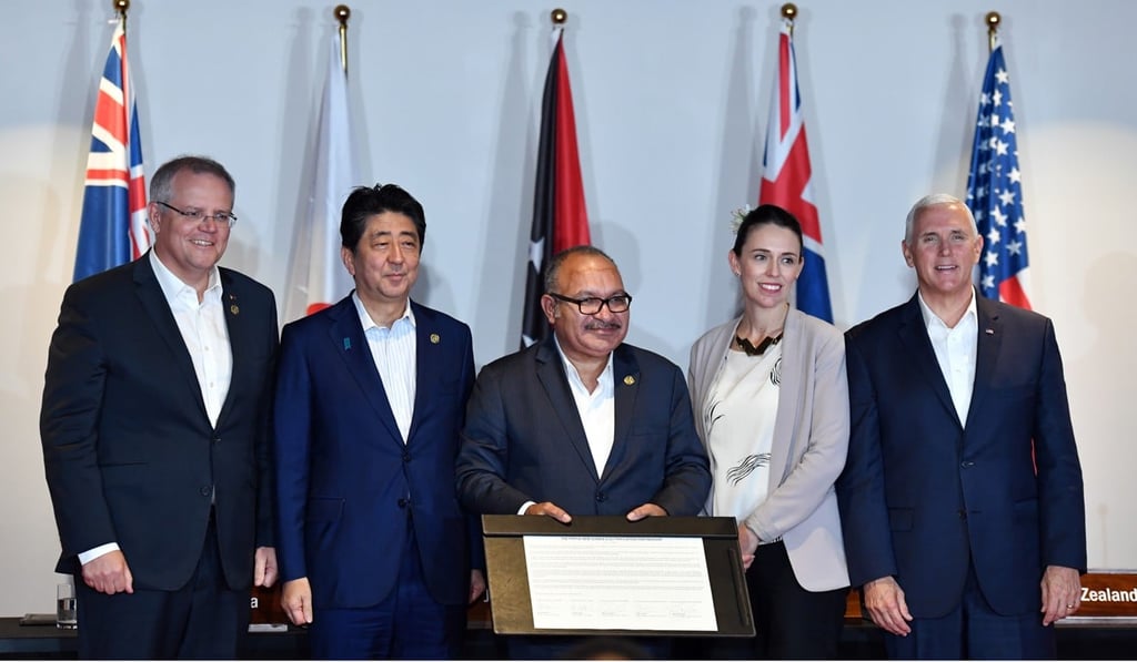 From left: Australia’s Prime Minister Scott Morrison, Japan’s Prime Minister Shinzo Abe, Papua New Guinea Prime Minister Peter O’Neill, New Zealand’s Prime Minister Jacinda Ardern and US Vice-President Mike Pence make an energy and communications statement at the Apec forum in Port Moresby, Papua New Guinea on November 18, 2018. Photo: EPA From left: Australia’s Prime Minister Scott Morrison, Japan’s Prime Minister Shinzo Abe, Papua New Guinea Prime Minister Peter O’Neill, New Zealand’s Prime Minister Jacinda Ardern and US Vice-President Mike Pence make an energy and communications statement at the Apec forum in Port Moresby, Papua New Guinea on November 18, 2018. Photo: EPA