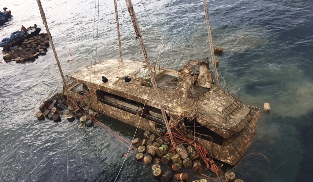 The Phoenix being raised from the the sea floor on Saturday. Photo: AP