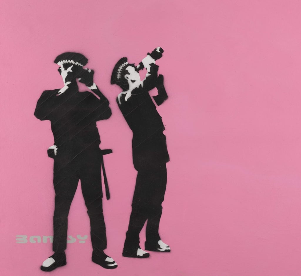 Banksy has created different versions of ‘Avon and Somerset Constabulary’ from 2000 with different coloured backgrounds. Banksy has created different versions of ‘Avon and Somerset Constabulary’ from 2000 with different coloured backgrounds.
