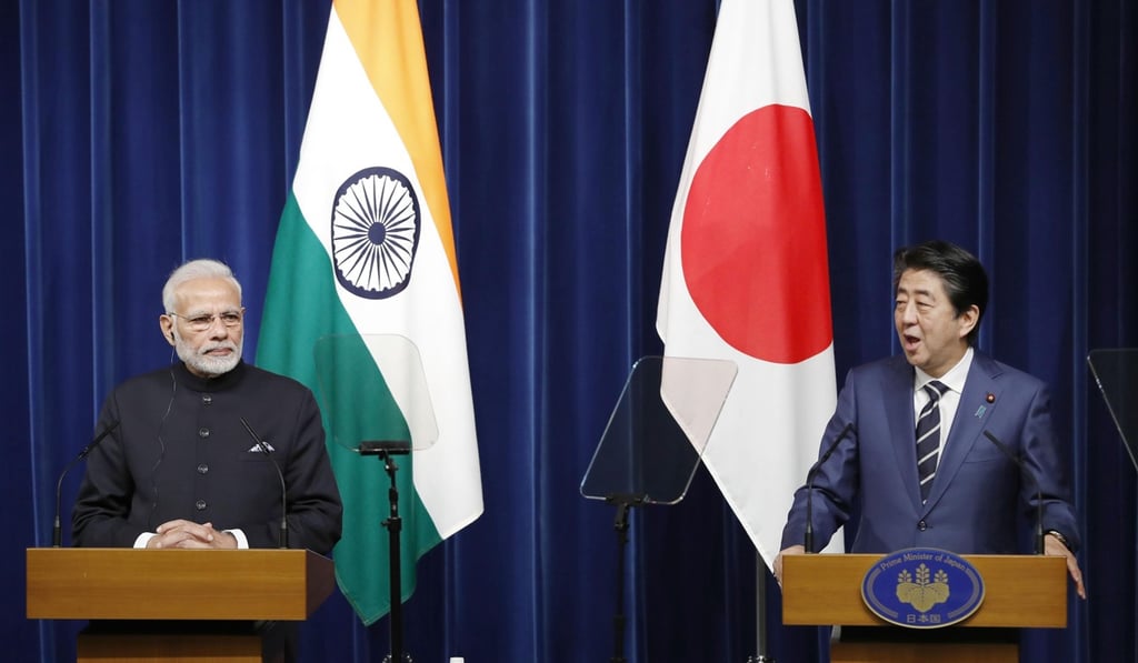 Indian Prime Minister Narendra Modi, left, and Japanese Prime Minister Shinzo Abe both have reason to try and improve ties with China. Photo: Kyodo Indian Prime Minister Narendra Modi, left, and Japanese Prime Minister Shinzo Abe both have reason to try and improve ties with China. Photo: Kyodo
