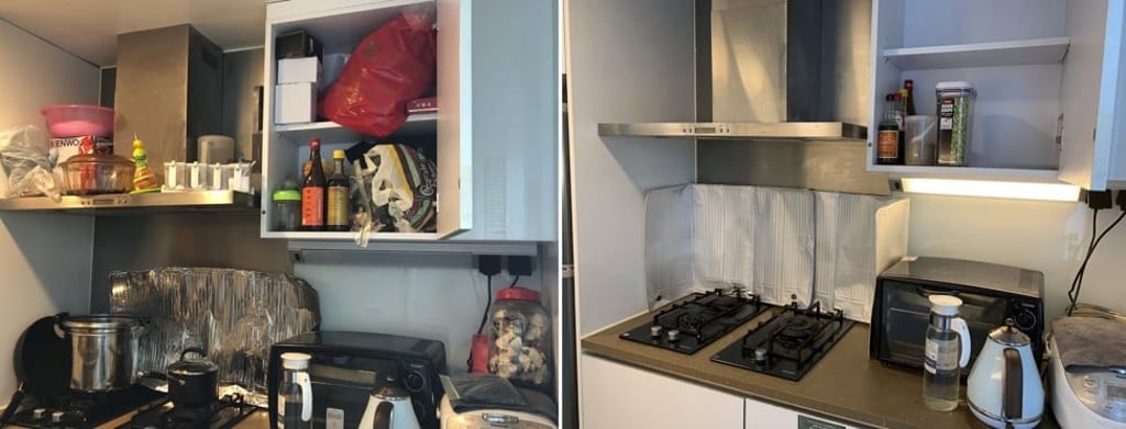 A before and after photo of a kitchen from decluttering experts Home Therapy. Photo: Home Therapy