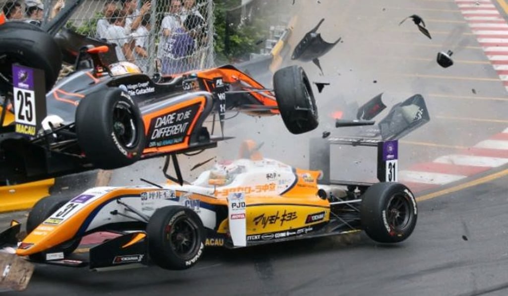 Sophia Floersch’s car in mid-air after striking Sho Tsuboi’s car. Photo: Twitter