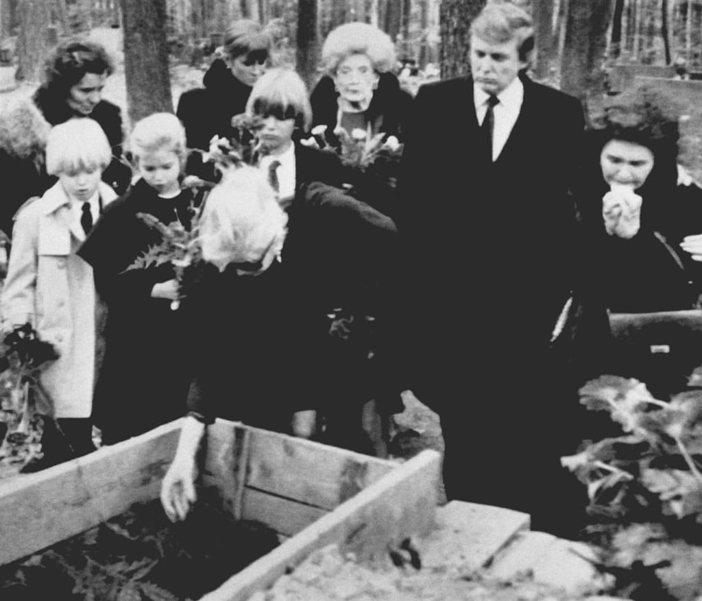 Ivanka Trump (second left), then aged 8, flanked by her brothers Eric, 6 (left), and Donald, 12, and her mother, Ivana (front) and father, Donald, (second right) at the funeral of her mother’s father, Milos Zelnicek, in Czechoslovakia in 1990. Photo: AP