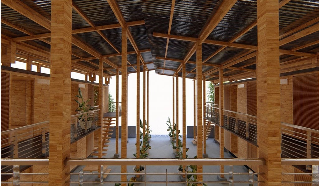 Inside the bamboo house.
