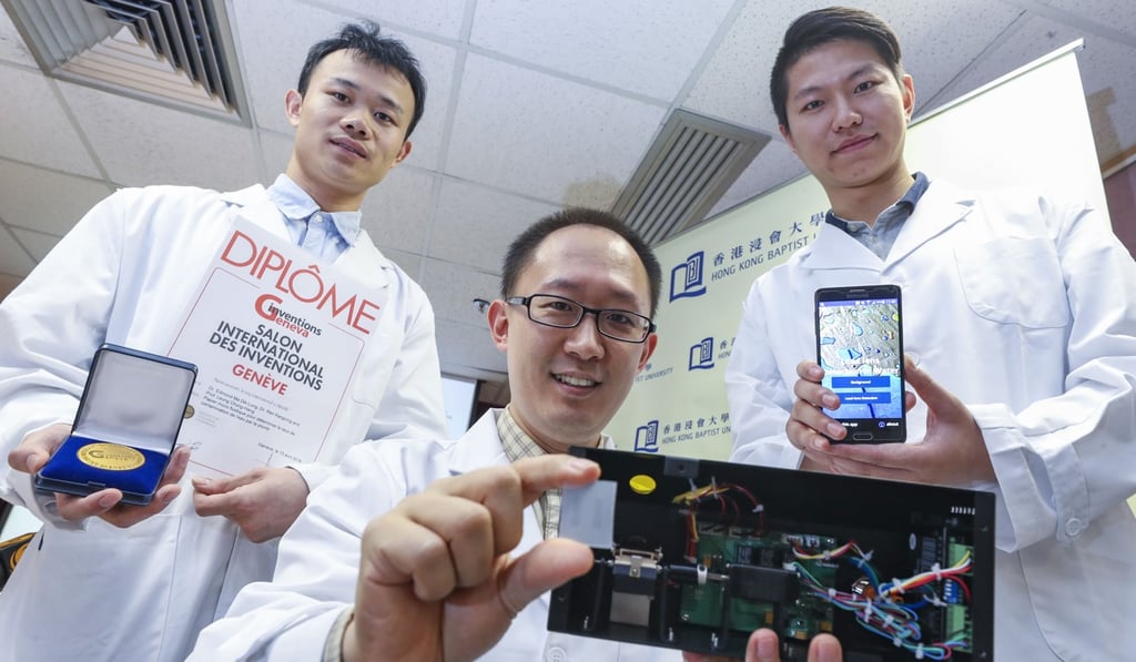 Baptist University researchers display their award-winning invention: a portable device for the quick and accurate detection of lead contamination in water. Photo: Winson Wong