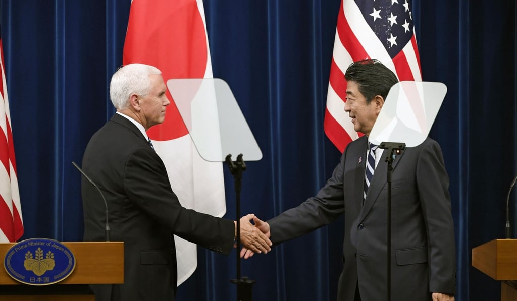 US Vice-President Mike Pence and Japanese Prime Minister Shinzo Abe shake hands after a joint press conference in Tokyo on November 13. Japan, and Abe in particular, has been quick to embrace the Indo-Pacific concept. Photo: Kyodo US Vice-President Mike Pence and Japanese Prime Minister Shinzo Abe shake hands after a joint press conference in Tokyo on November 13. Japan, and Abe in particular, has been quick to embrace the Indo-Pacific concept. Photo: Kyodo