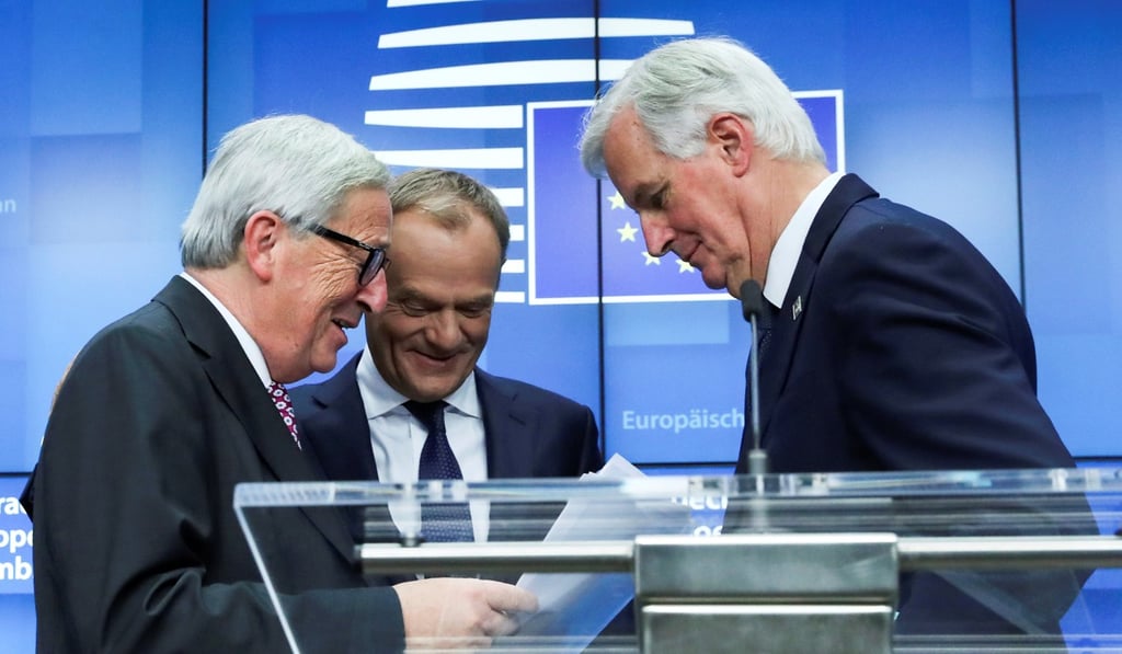 European Commission President Jean-Claude Juncker, European Council President Donald Tusk and European Union’s chief Brexit negotiator Michel Barnier at a news conference after the extraordinary EU leaders summit to finalise the Brexit agreement in Brussels, Belgium on November 25, 2018. Photo: Reuters