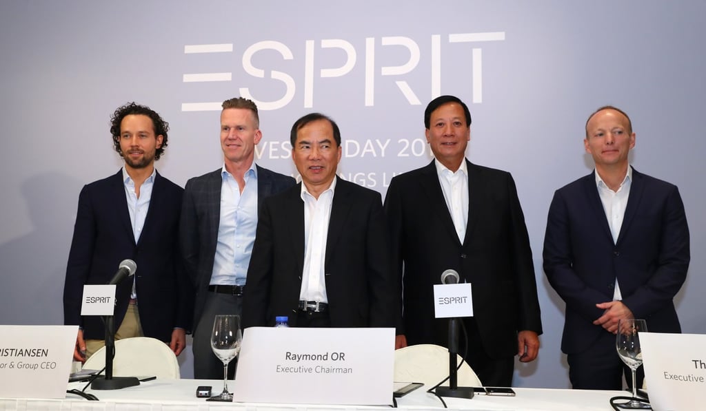 (From left) Simon Heckscher, Esprit’s head of marketing; Anders Kristiansen, group CEO; Raymond Or Ching-fai, executive chairman; Thomas Tang Wing-yung, Group CFO; and Jan Olsen, CEO for APAC, attend a press conference in Hong Kong on Monday. Photo: Edmond So