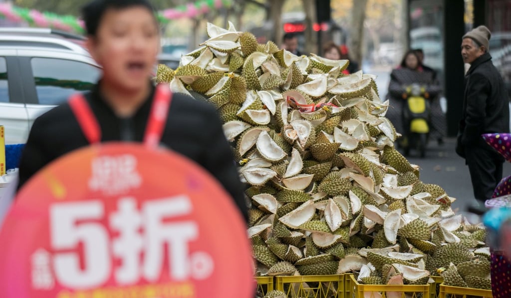 A mound of durian husks outside a fruit store during a shopping festival sale, in Hangzhou, Zhejiang province. Photo: Reuters