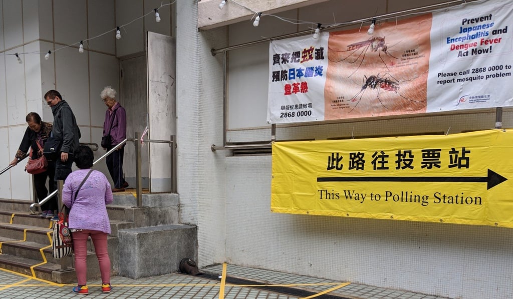 A polling station at Lai Kok Estate, a public housing block near Sham Shui Po, was used by mostly elderly voters on Sunday morning. Photo: Sum Lok-kei A polling station at Lai Kok Estate, a public housing block near Sham Shui Po, was used by mostly elderly voters on Sunday morning. Photo: Sum Lok-kei