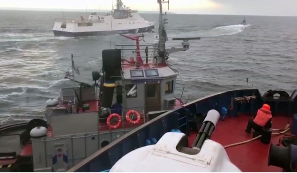 A still from video taken from a Russian coastguard vessel said to show an incident between the ship and a Ukrainian tugboat in the Kerch Strait on Sunday November 25, 2018. Photo: AP A still from video taken from a Russian coastguard vessel said to show an incident between the ship and a Ukrainian tugboat in the Kerch Strait on Sunday November 25, 2018. Photo: AP