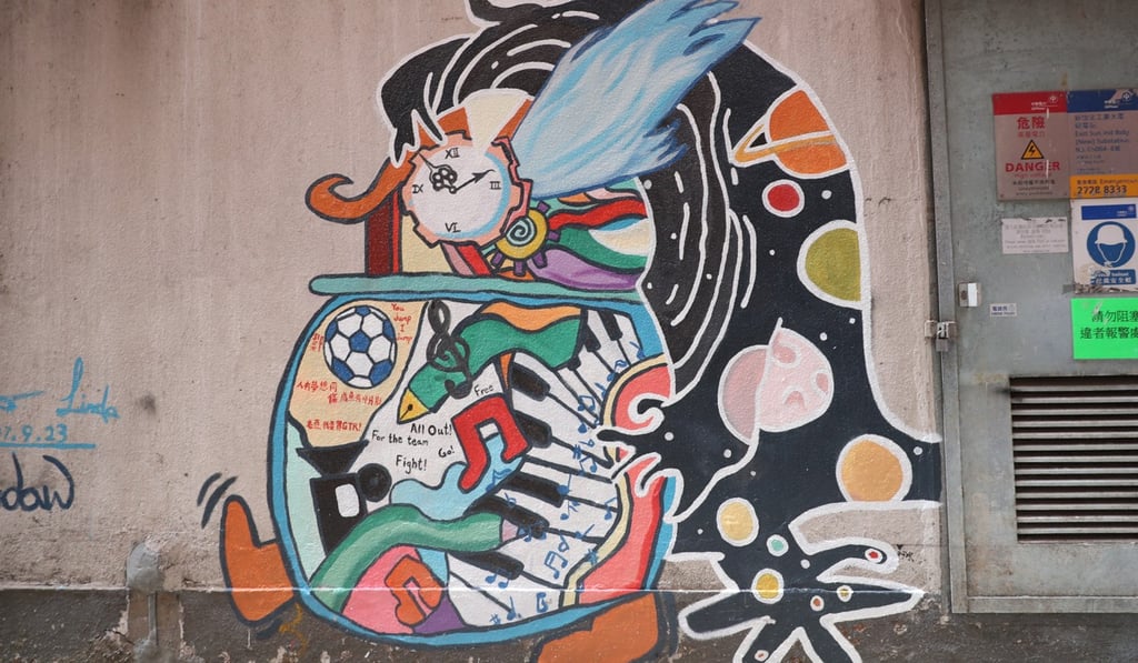 A mural in Kwun Tong, Kowloon, and part of the Back Alley Project @Kowloon East, an initiative that involves non-profit organisations, social enterprises, academic institutes, students, and local and overseas artists to beautify hidden corners of the district.