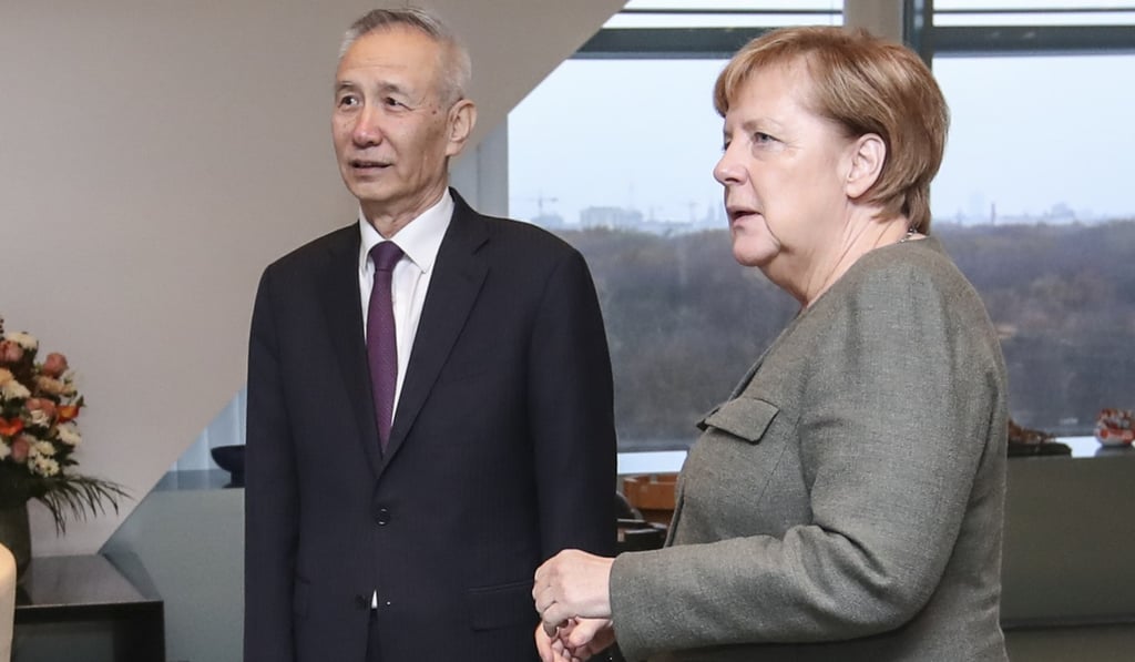 Chinese Vice Premier Liu He meets German Chancellor Angela Merkel in Berlin as part of a four-day visit to discuss finance, trade and investment. Photo: Xinhua
