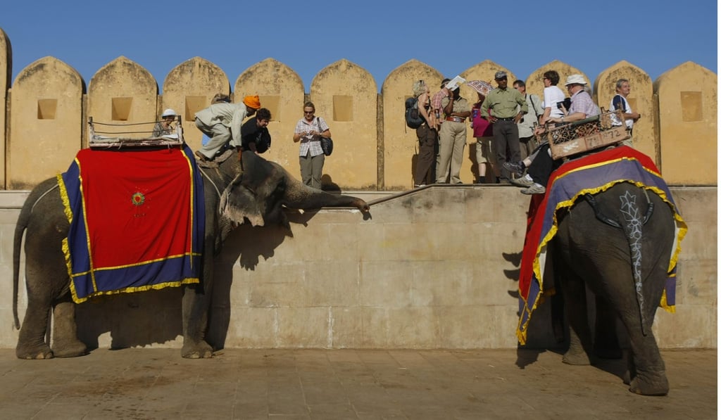 Foreign tourists ride elephants at Amer Fort near Jaipur. Photo: AFP