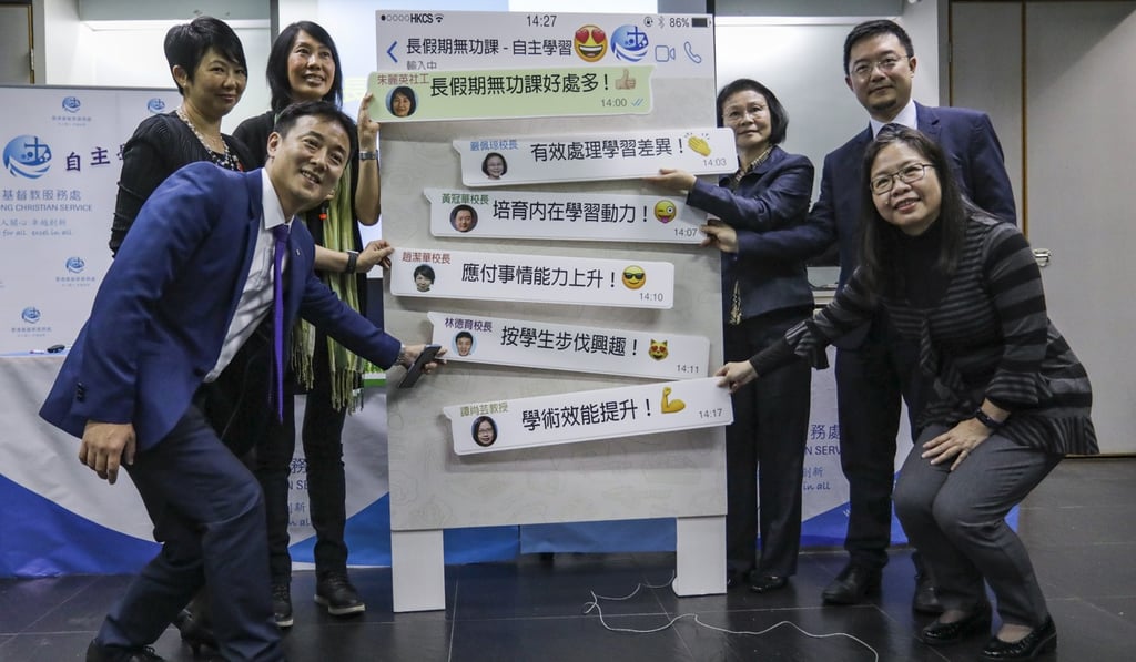 Clockwise, from bottom left: Eddie Lam, principal, Asbury Methodist Primary School; Chiu Kit-wa, principal, The Church of Christ in China Kei Tsz Primary School; Phoebe Chu, service supervisor at Hong Kong Christian Service; Yim Pui-king, principal, Sham Shui Po Kaifong Welfare Association Primary School; and Wong Kwun-wa, principal, Hong Kong Sze Yap Commercial and Industrial Association San Wui Commercial Society School; Vicky Tam, associate head and professor, department of education studies, Baptist University, at the press conference. Photo: Tory Ho