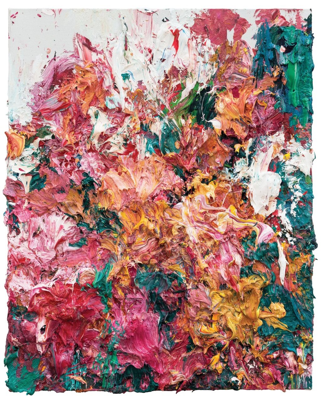 Rather than crowding a wall with multiple, smaller works, one large painting that fills up an entire wall, such as this one from Contemporary by Angela Li titled ‘Flowers’ by Chinese artist Lv Shanchuan, has a much better effect.