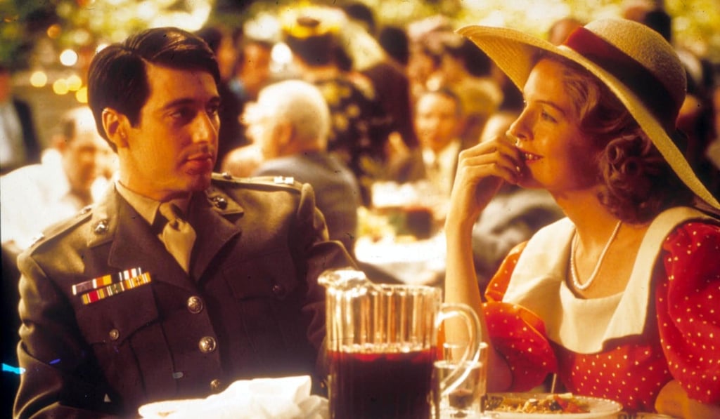 Michael Corleone (Al Pacino) tells Kay Adams (Diane Keaton) about his family. Michael Corleone (Al Pacino) tells Kay Adams (Diane Keaton) about his family.