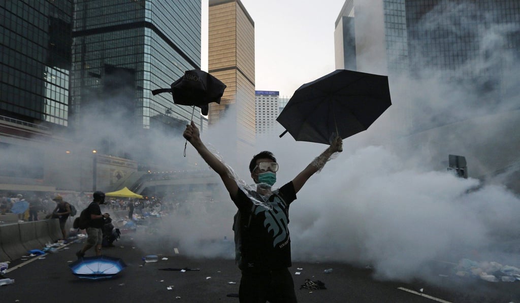 An Occupy protester stands in defiance after police fired tear gas during the standoff. Photo: Reuters