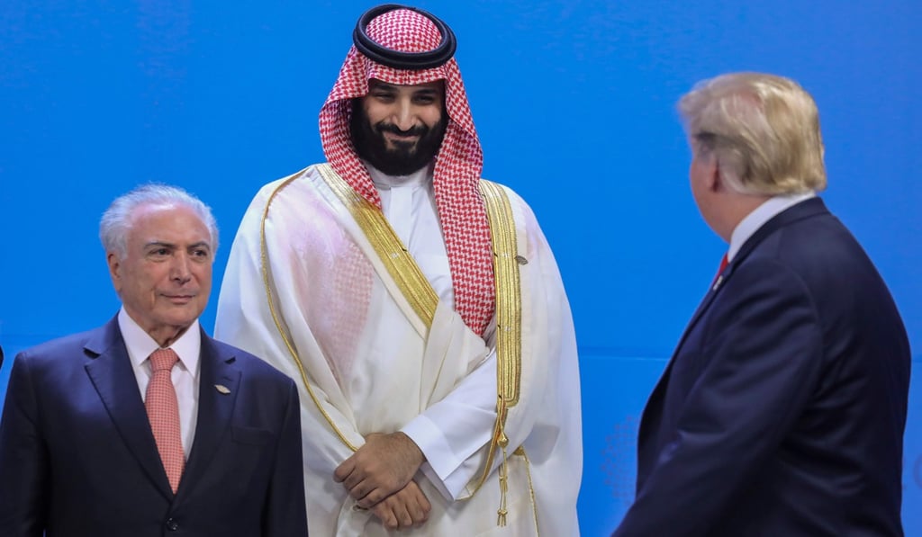 From left, Brazil's President Michel Temer, Prince Mohammed and Trump before a photo call at the welcoming ceremony at the G20 summit in Buenos Aires, Aregentina. Photo: AFP From left, Brazil's President Michel Temer, Prince Mohammed and Trump before a photo call at the welcoming ceremony at the G20 summit in Buenos Aires, Aregentina. Photo: AFP