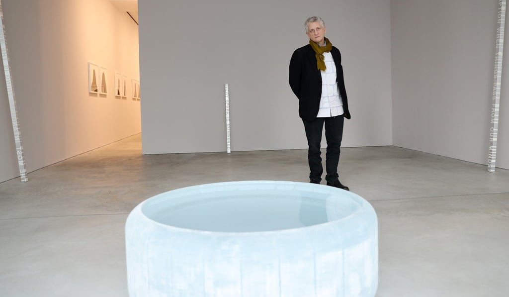 Roni Horn at Hauser & Wirth Gallery with one of her works, an untitled glass sculpture that resembles a small, inflatable pool. “People keep asking me what’s inside. They think it’s water,” she says. Photo: Edward Wong