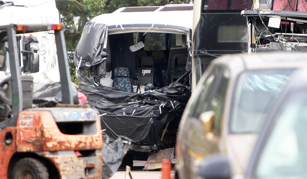 Wreckage of the coach involved in the fatal crash in Tsing Yi on November 30 at the Vehicle Examination Centre in Tai Lam Chung. Photo: Winson Wong