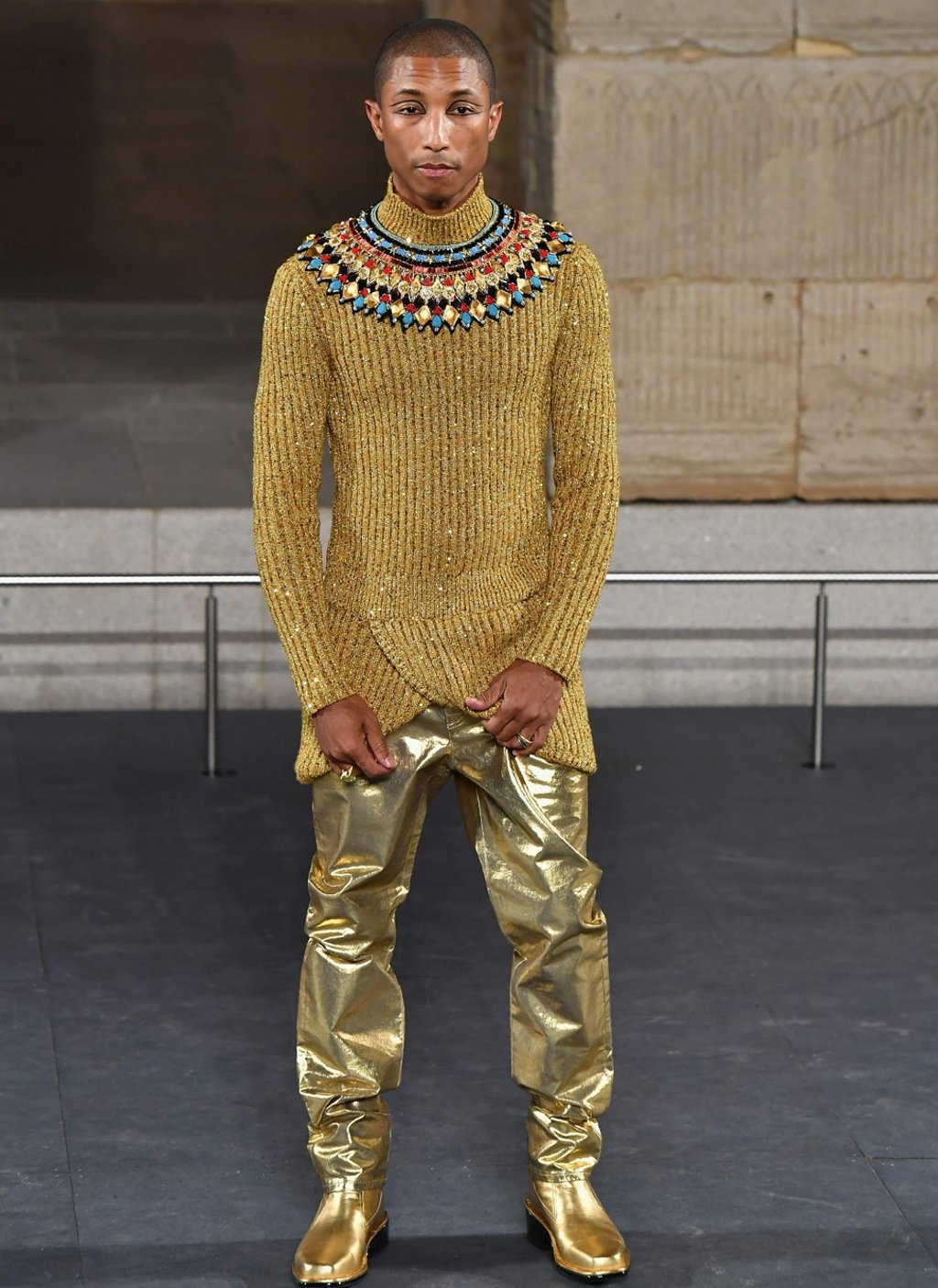 Singer Pharrell Williams stands on the runway during Chanel’s Metiers d’Art 2018/19 show at New York’s Metropolitan Museum of Art show. Photo: AFP Singer Pharrell Williams stands on the runway during Chanel’s Metiers d’Art 2018/19 show at New York’s Metropolitan Museum of Art show. Photo: AFP