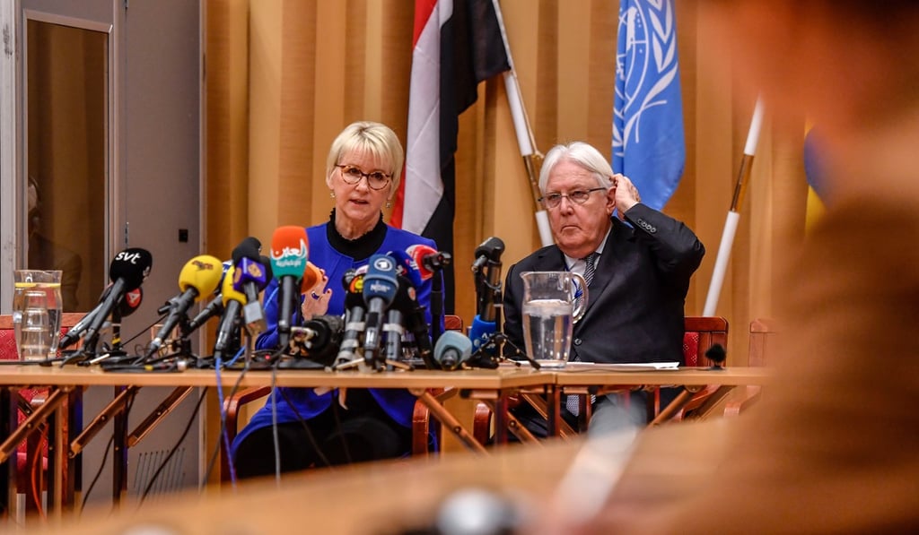 Swedish Foreign minister Margot Wallstrom (left) and UN envoy to Yemen Martin Griffiths (right) attend the opening session of the Yemen peace talks at Johannesberg castle north of Stockholm, Sweden, 06 December. The UN-brokered talks in Rimbo between Yemen's government and the Houthi rebels will be the first since 2016. Photo: EPA-EFE Swedish Foreign minister Margot Wallstrom (left) and UN envoy to Yemen Martin Griffiths (right) attend the opening session of the Yemen peace talks at Johannesberg castle north of Stockholm, Sweden, 06 December. The UN-brokered talks in Rimbo between Yemen's government and the Houthi rebels will be the first since 2016. Photo: EPA-EFE
