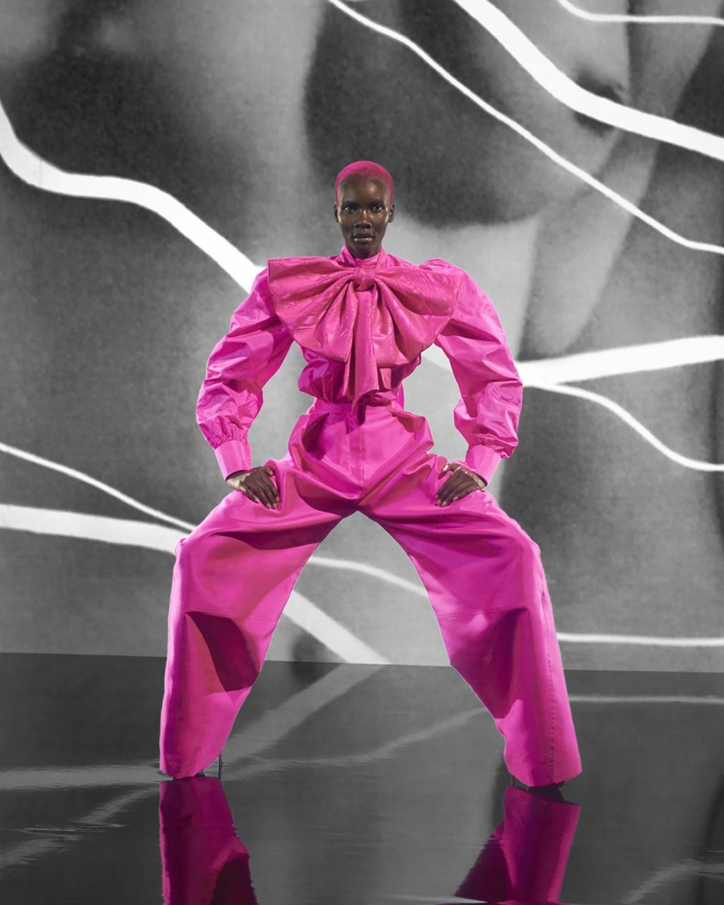 A shocking pink jumpsuit from Schiaparelli’s spring/summer 2019 collection, Bertrand Guyon’s first ready-to-wear designs for the couture house