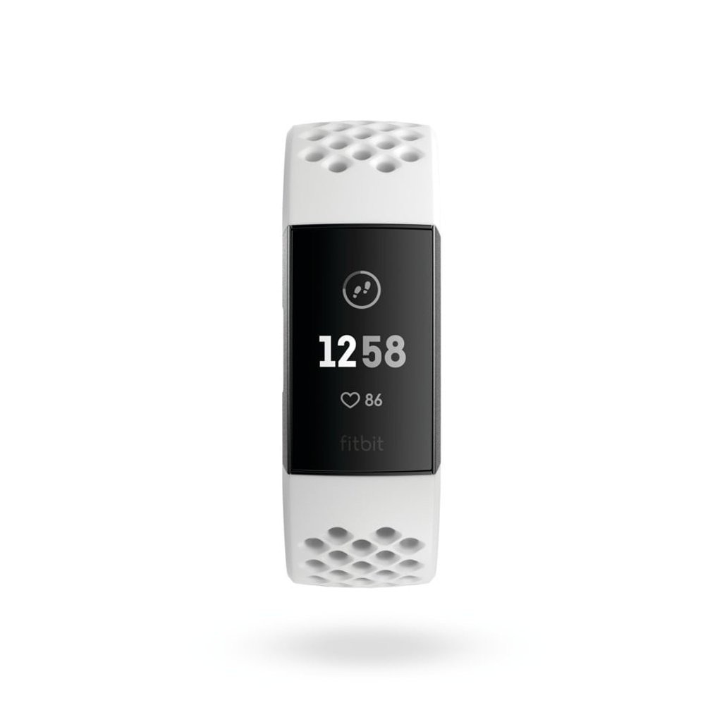 Front view of the Fitbit Charge 3 showing the default clock. Photo: Fitbit