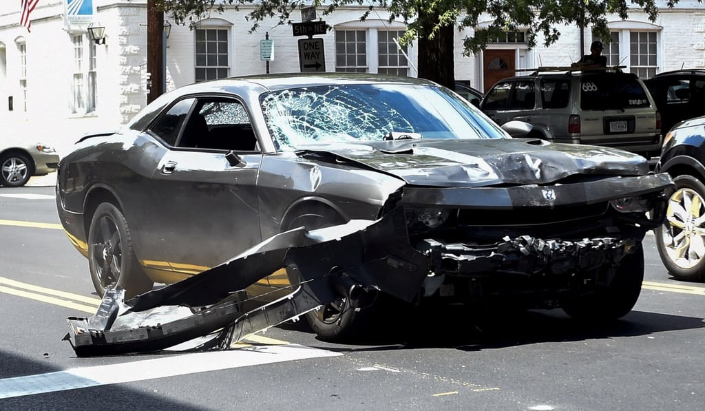 Fields’ Dodge Charger is seen in this photo after he drove it into the crowd in Charlottesville. Photo: Getty Images North America via AFP
