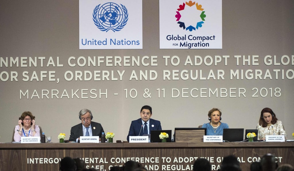 From left: Special Representative of the United Nations Secretary General for International Migration Louise Arbour, United Nations Secretary General Antonio Guterres, Moroccan Minister of Foreign Affairs and International Cooperation Nasser Bourita and (far right) President of the General Assembly Maria Fernanda Espinosa Gerces at the opening session of the UN Migration Conference on December 10, 2018 in the Moroccan city of Marrakesh. Photo: AFP From left: Special Representative of the United Nations Secretary General for International Migration Louise Arbour, United Nations Secretary General Antonio Guterres, Moroccan Minister of Foreign Affairs and International Cooperation Nasser Bourita and (far right) President of the General Assembly Maria Fernanda Espinosa Gerces at the opening session of the UN Migration Conference on December 10, 2018 in the Moroccan city of Marrakesh. Photo: AFP