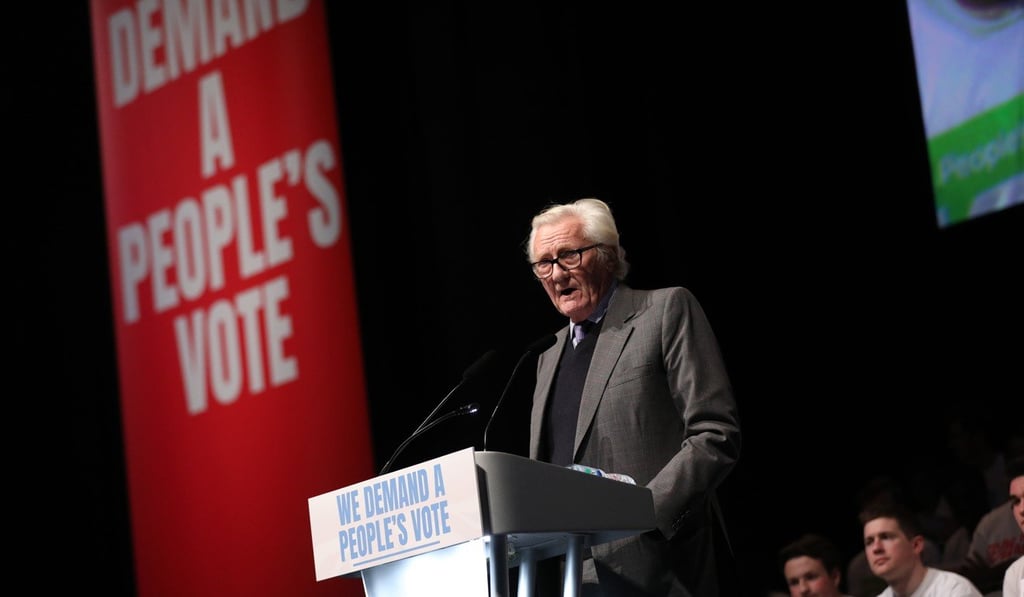 Former Conservative lawmaker Michael Heseltine speaks out against leaving the European Union during a Best For Britain and People's Vote rally in London on December 9. Photo: Bloomberg Former Conservative lawmaker Michael Heseltine speaks out against leaving the European Union during a Best For Britain and People's Vote rally in London on December 9. Photo: Bloomberg