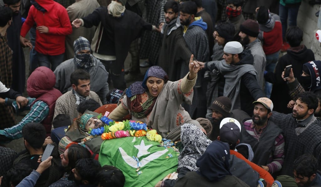 The mother of Saqib Bilal Sheikh shouts anti-India slogans during the funeral. Photo: AP