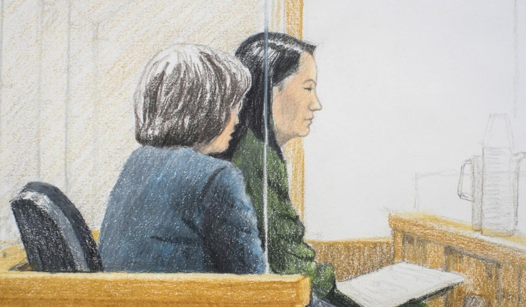 In this courtroom sketch, Sabrina Meng, right, sits beside a translator during a bail hearing in Vancouver. Credit: AP