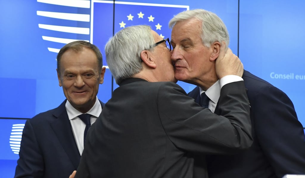 European Commission President Jean-Claude Juncker greets the European Union’s chief Brexit negotiator Michel Barnier as European Council President Donald Tusk looks on. Tusk has said the EU wants to help “facilitate” the Brexit process but ruled out further renegotiations and said the bloc is preparing for the possibility of no deal. Photo: AP